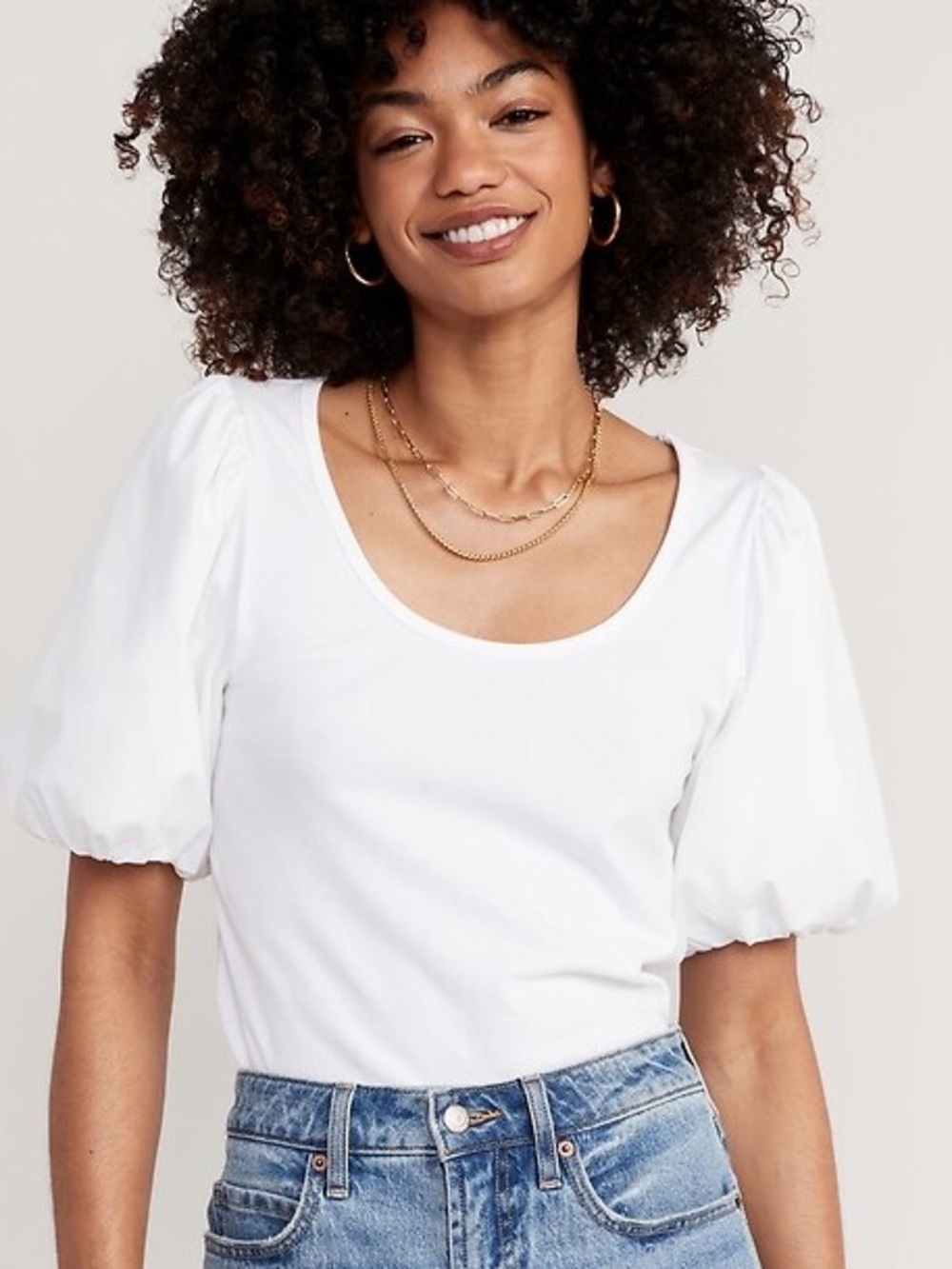 NWT Old Navy Fitted Puff Sleeve Rib-Knit T-Shirt Size Large White Preppy Coastal